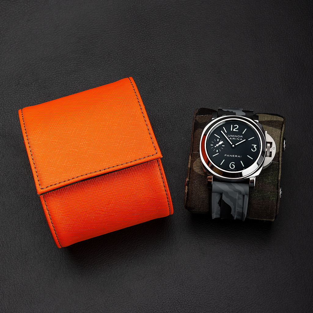 Tempomat Madrid, Orange camouflage Saffiano leather watch roll for collectors
