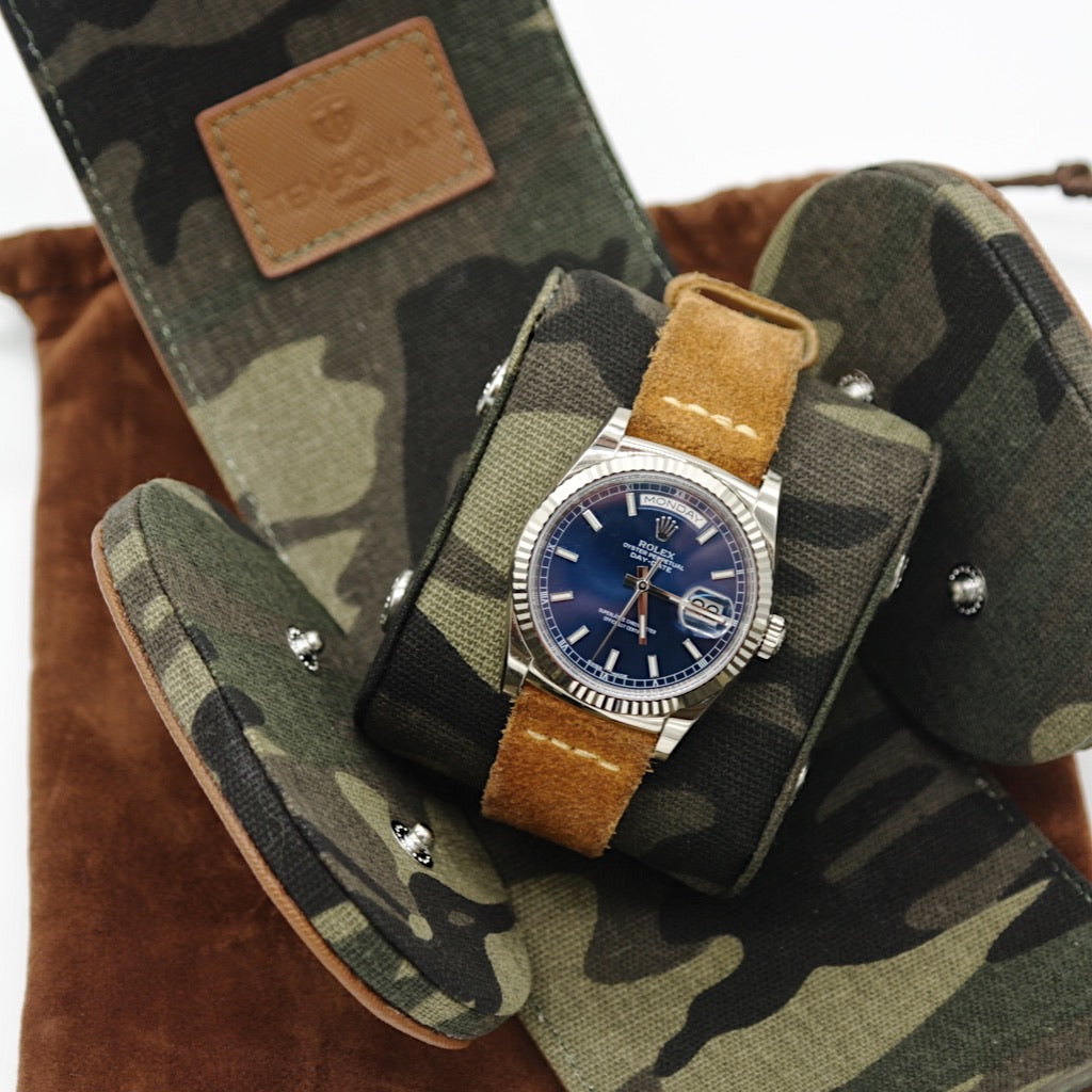 Tempomat Madrid, Brown camouflage Saffiano leather watch roll for collectors