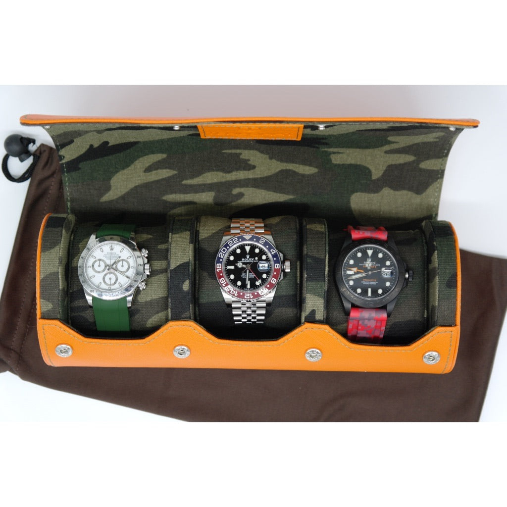 Tempomat Madrid, Orange Camouflage Saffiano leather watch roll for collectors