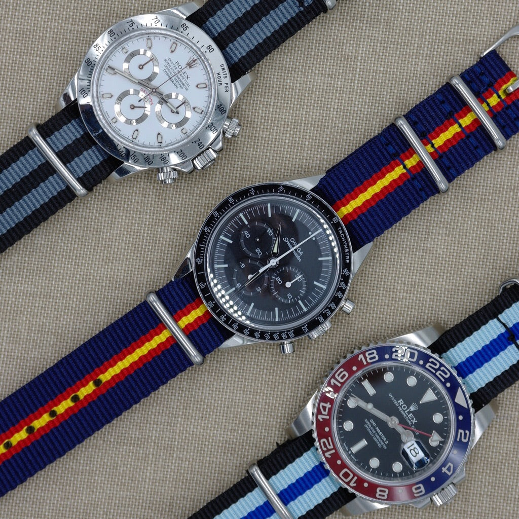Tempomat Madrid, Black Blue Nato Strap for Rolex & Omega, 20mm universal fit