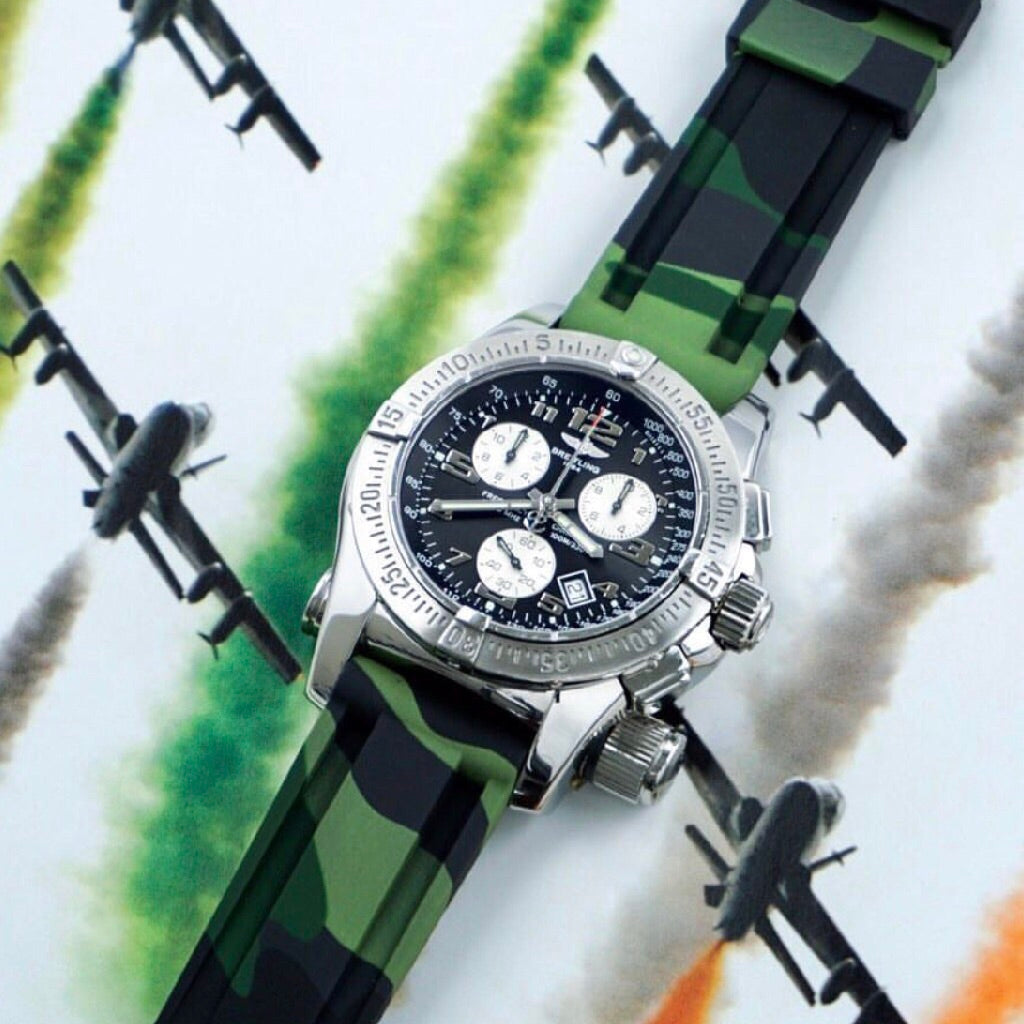 Tempomat Madrid, Green Camouflage Rubber Strap for Panerai, Seiko, Breitling, Tag Heuer, Tudor, Universal 22mm