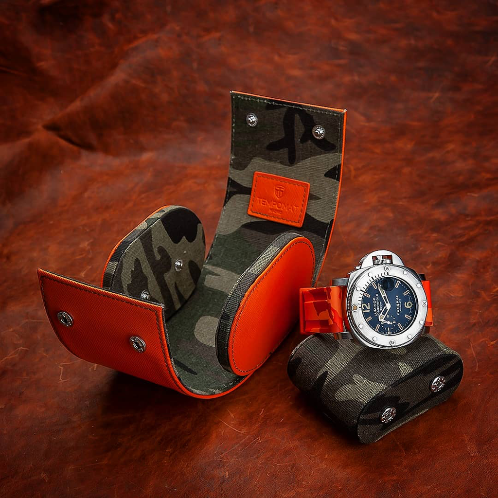 Tempomat Madrid, Orange camouflage Saffiano leather watch roll for collectors